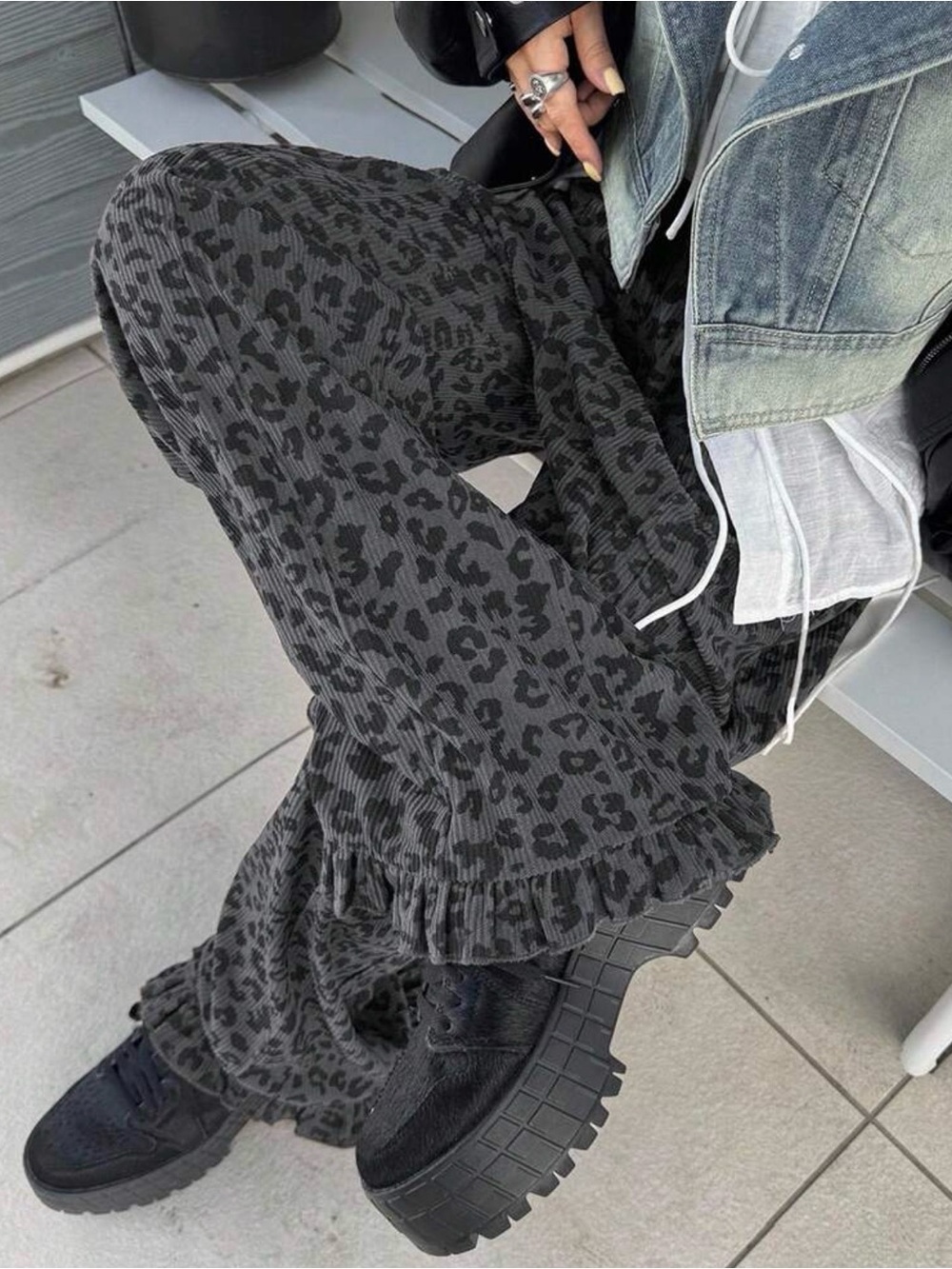 Women’s Gray Leopard Print Ruffle Hem Pants